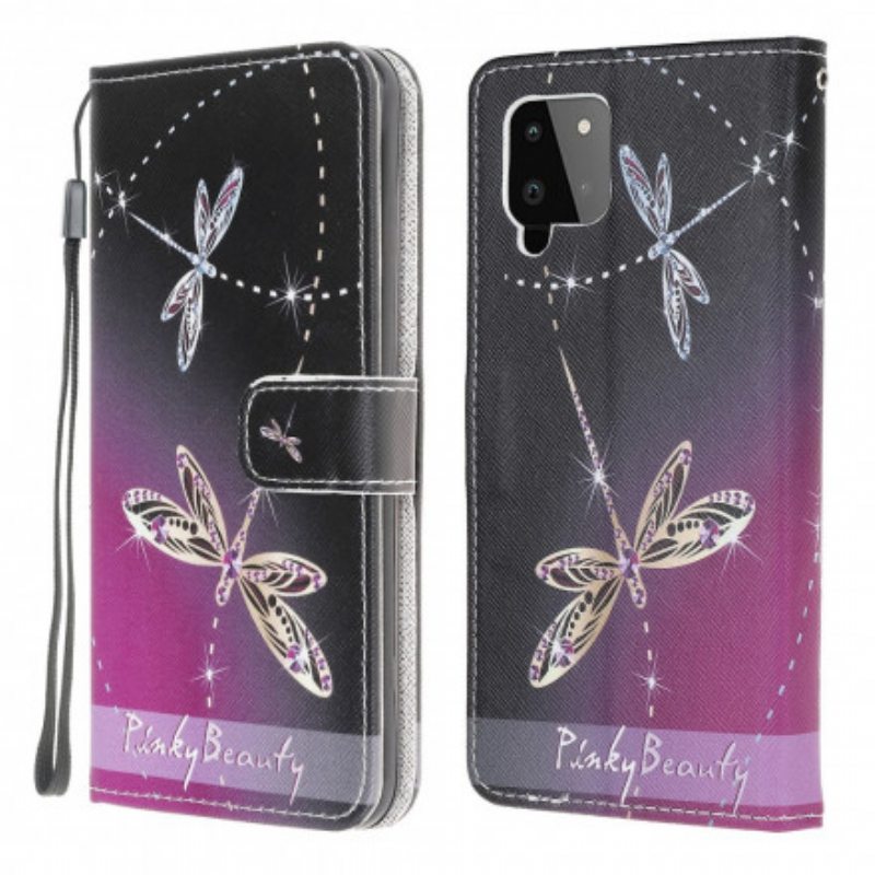 Nahkakotelo Samsung Galaxy A22 Suojaketju Kuori Strappy Dragonflies