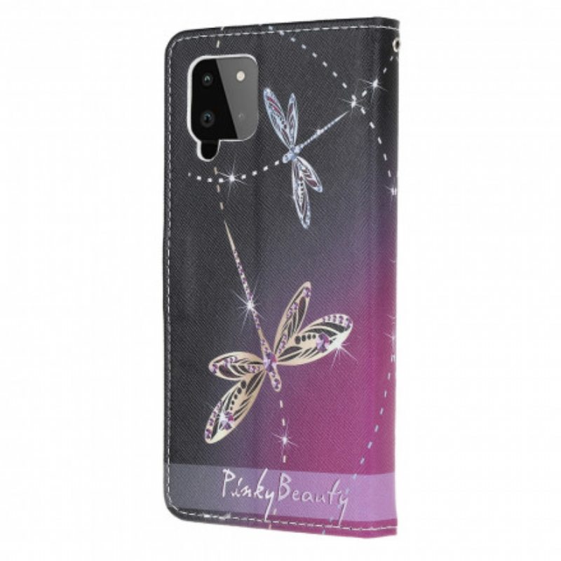 Nahkakotelo Samsung Galaxy A22 Suojaketju Kuori Strappy Dragonflies