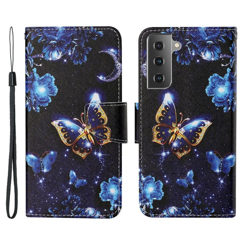 Flip Case Samsung Galaxy S21 FE Suojaketju Kuori Arvokkaita Stringiperhosia