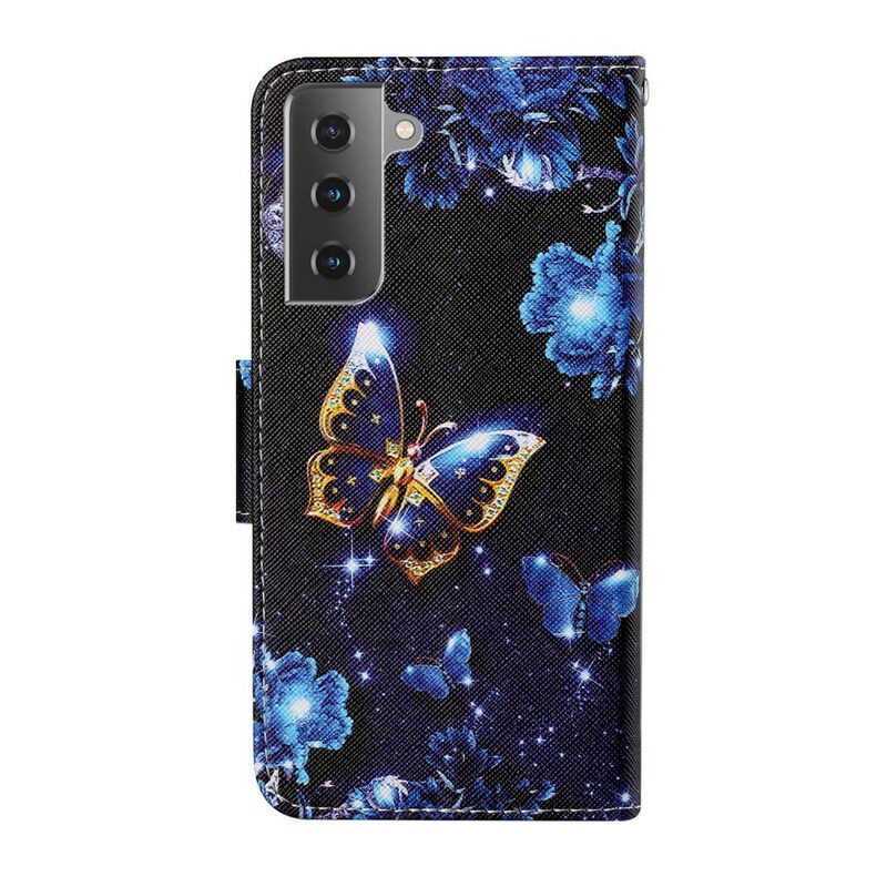 Flip Case Samsung Galaxy S21 FE Suojaketju Kuori Arvokkaita Stringiperhosia