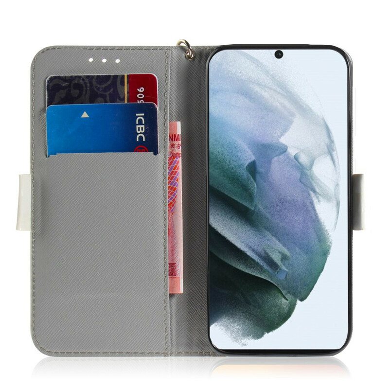 Flip Case Samsung Galaxy S21 FE Suojaketju Kuori Kukkiva Oksa Hihnalla