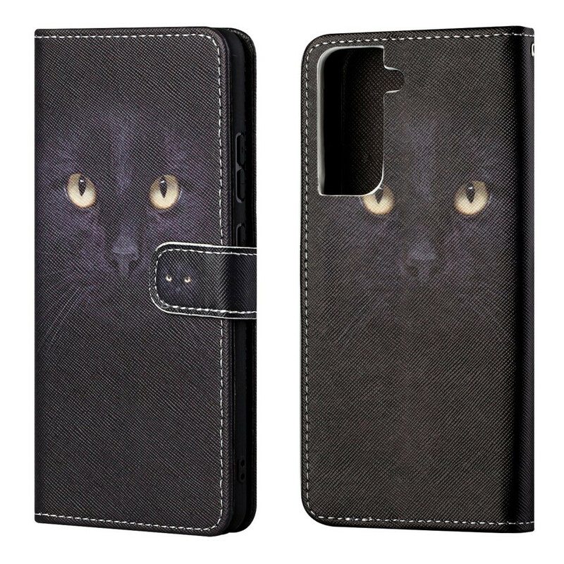 Flip Case Samsung Galaxy S21 FE Suojaketju Kuori Strappy Black Cat Eyes