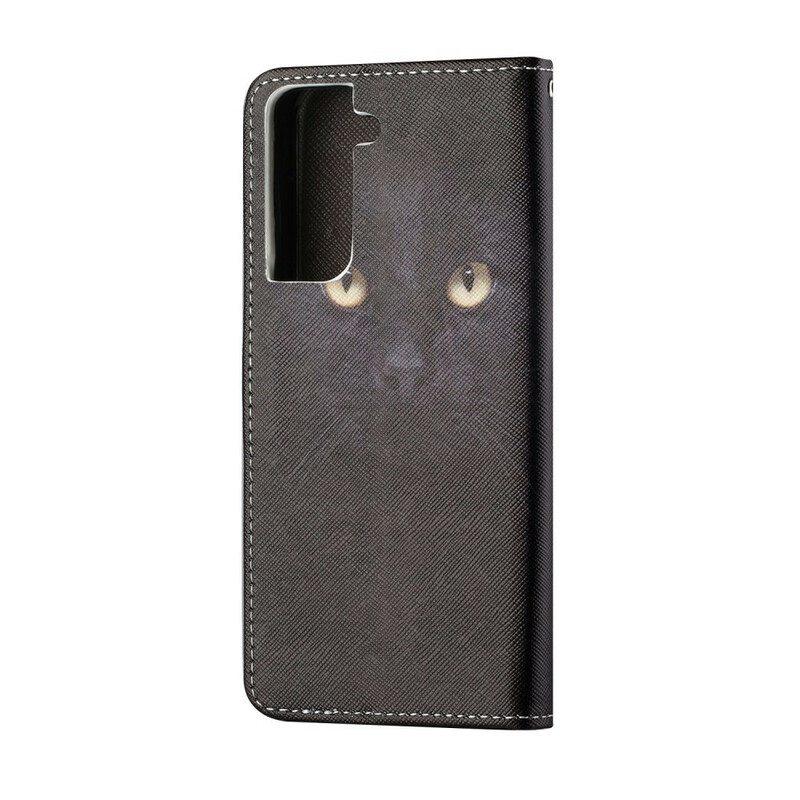 Flip Case Samsung Galaxy S21 FE Suojaketju Kuori Strappy Black Cat Eyes