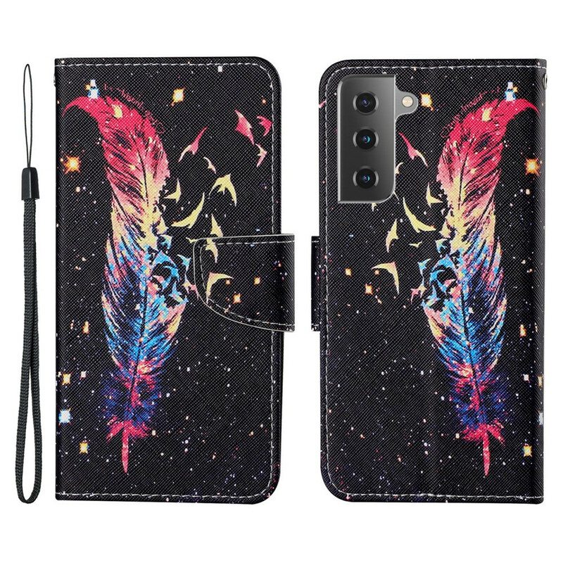 Flip Case Samsung Galaxy S21 FE Suojaketju Kuori Värikäs Sulka Hihnalla