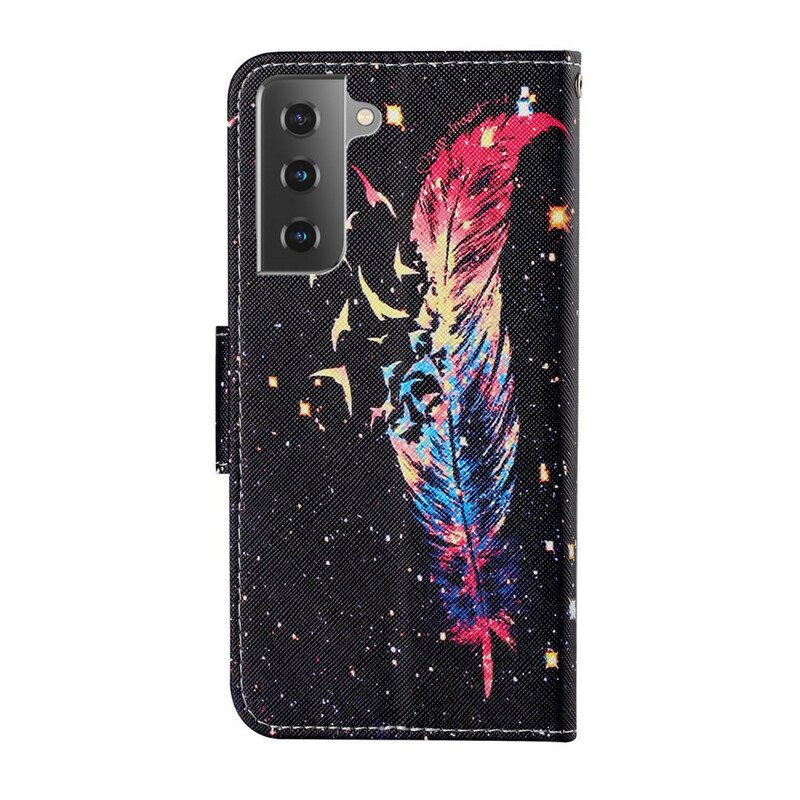 Flip Case Samsung Galaxy S21 FE Suojaketju Kuori Värikäs Sulka Hihnalla