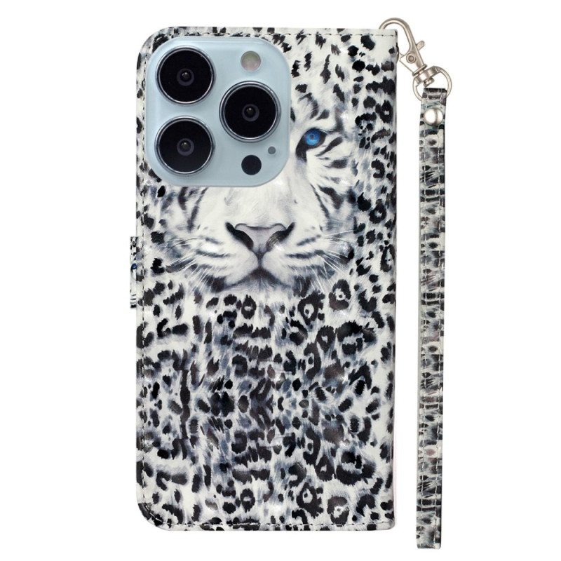 Nahkakotelo iPhone 15 Pro Max Suojaketju Kuori 3d Leopard Hihnalla