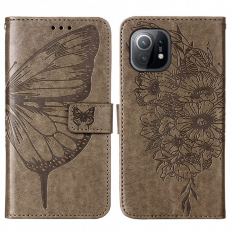 Nahkakotelo Xiaomi Mi 11 (5G) Butterfly Design Kaulanauhalla