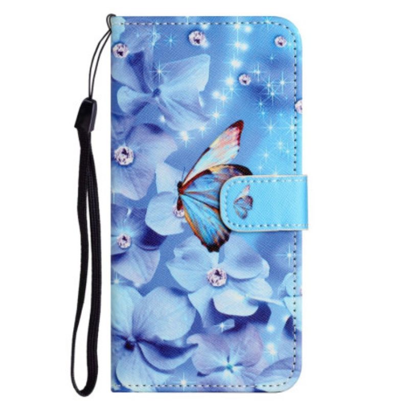 Flip Case Samsung Galaxy S23 5G Suojaketju Kuori Strappy Diamond Perhoset