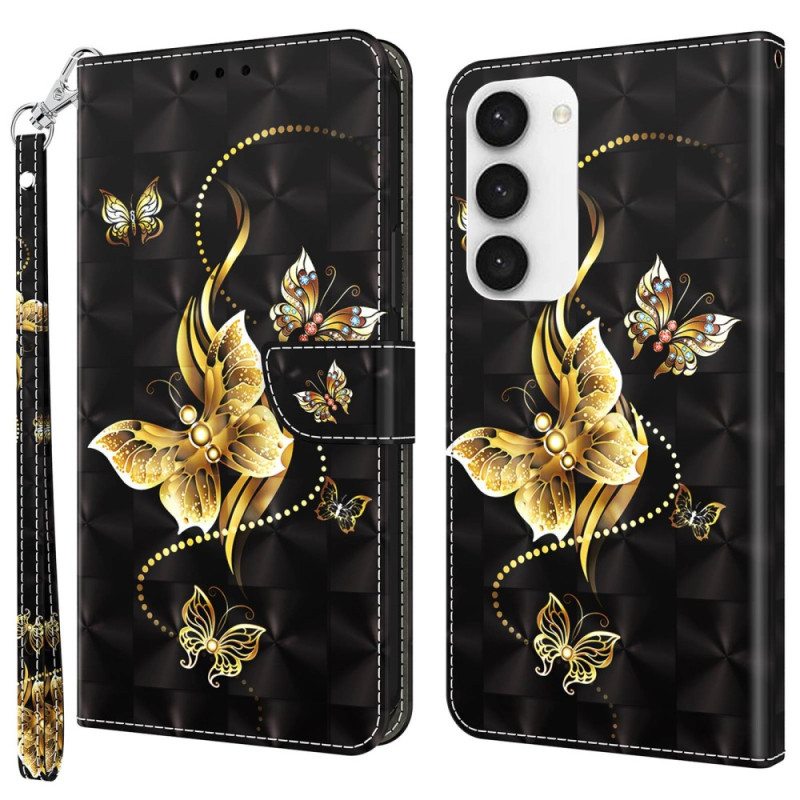 Nahkakotelo Samsung Galaxy S23 5G Suojaketju Kuori Butterflies Kultainen Hihna