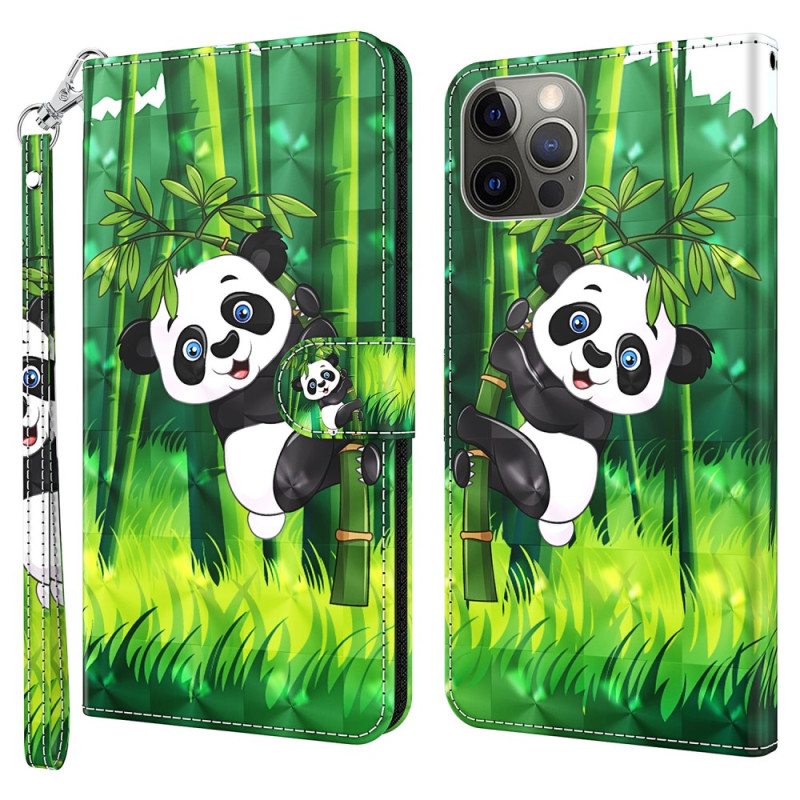 Nahkakotelo iPhone 15 Pro Suojaketju Kuori 3d Bamboo Panda Hihnalla