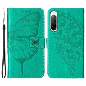 Flip Case Sony Xperia 10 IV Perhonen Kaulanauhalla