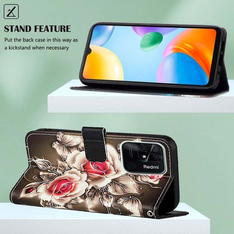 Flip Case Xiaomi Redmi 10C Suojaketju Kuori Kukkavariaatio Hihnalla