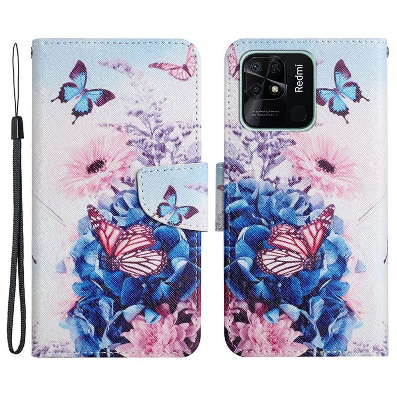 Nahkakotelo Xiaomi Redmi 10C Suojaketju Kuori Strappy Floral Fantasy