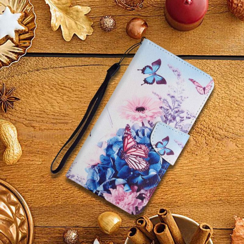 Nahkakotelo Xiaomi Redmi 10C Suojaketju Kuori Strappy Floral Fantasy