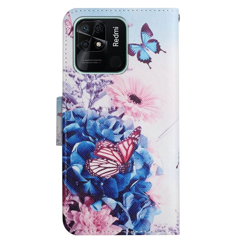 Nahkakotelo Xiaomi Redmi 10C Suojaketju Kuori Strappy Floral Fantasy