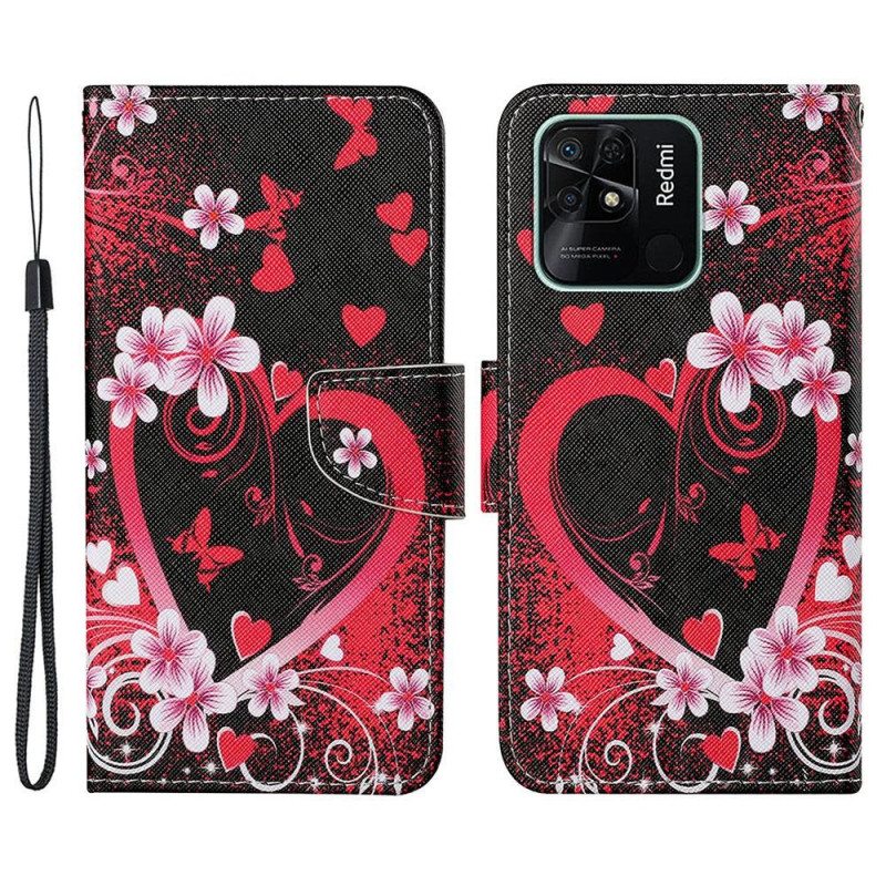 Nahkakotelo Xiaomi Redmi 10C Suojaketju Kuori Strappy Heart