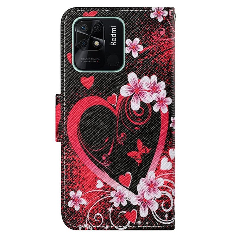 Nahkakotelo Xiaomi Redmi 10C Suojaketju Kuori Strappy Heart