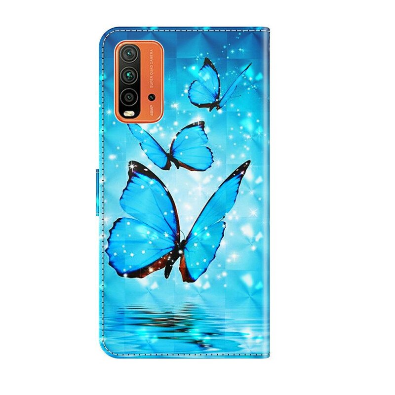 Nahkakotelo Xiaomi Redmi 9T Lentävät Siniset Perhoset