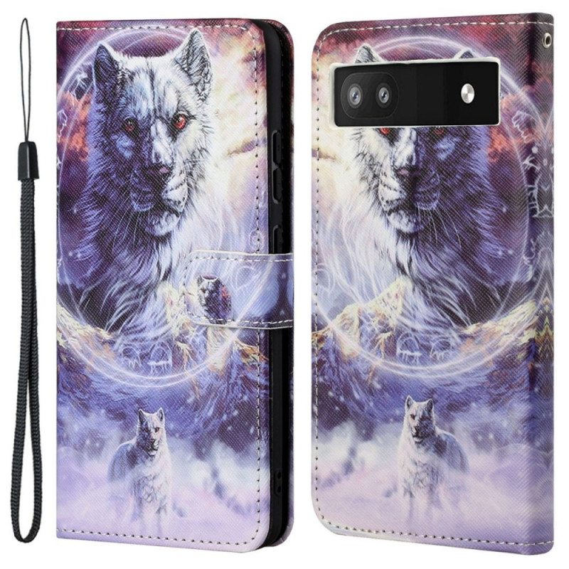 Nahkakotelo Google Pixel 6A Suojaketju Kuori Thong Wolves