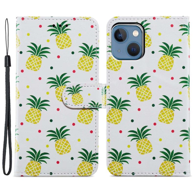 Flip Case iPhone 15 Suojaketju Kuori Ananas Hihnalla