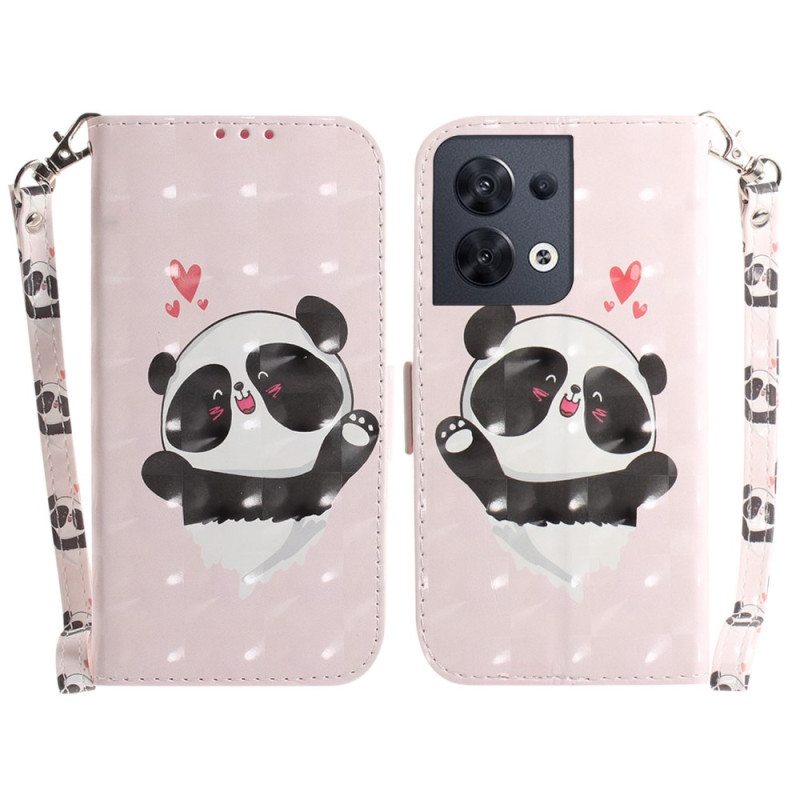 Nahkakotelo Oppo Reno 8 Panda Love With Lanyard