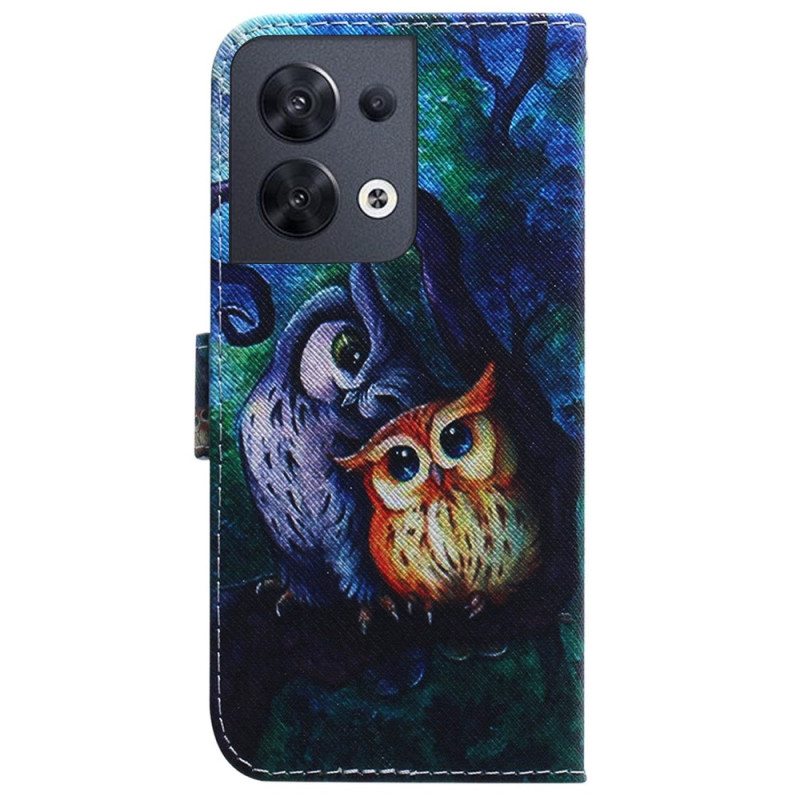 Nahkakotelo Oppo Reno 8 Suojaketju Kuori Strappy Owls -maalaus