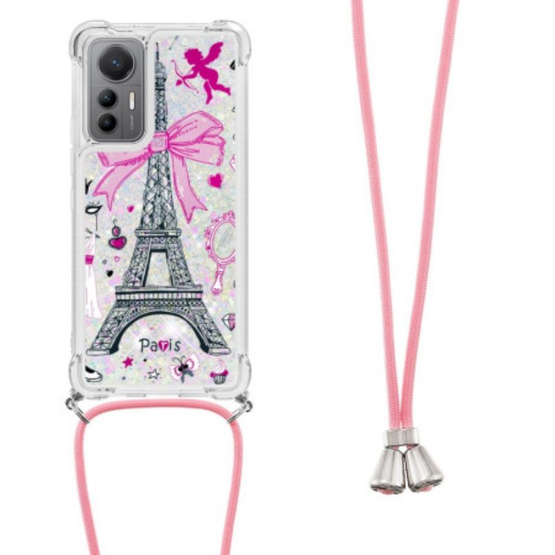 Kuori Xiaomi 12 Lite Kiristysnyörillä Eiffel-tornin Kimaltava Kiristysnyöri