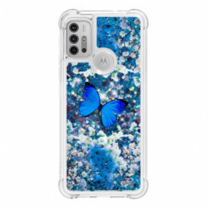 Kuori Moto G30 / G10 Glitter Blue Perhoset