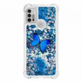 Kuori Moto G30 / G10 Glitter Blue Perhoset