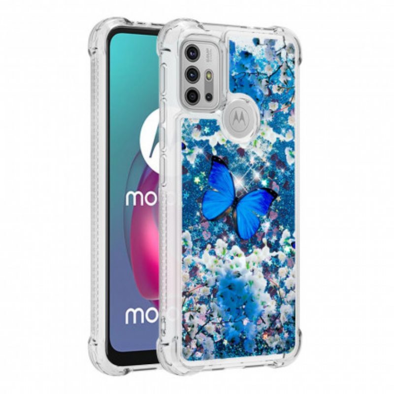 Kuori Moto G30 / G10 Glitter Blue Perhoset