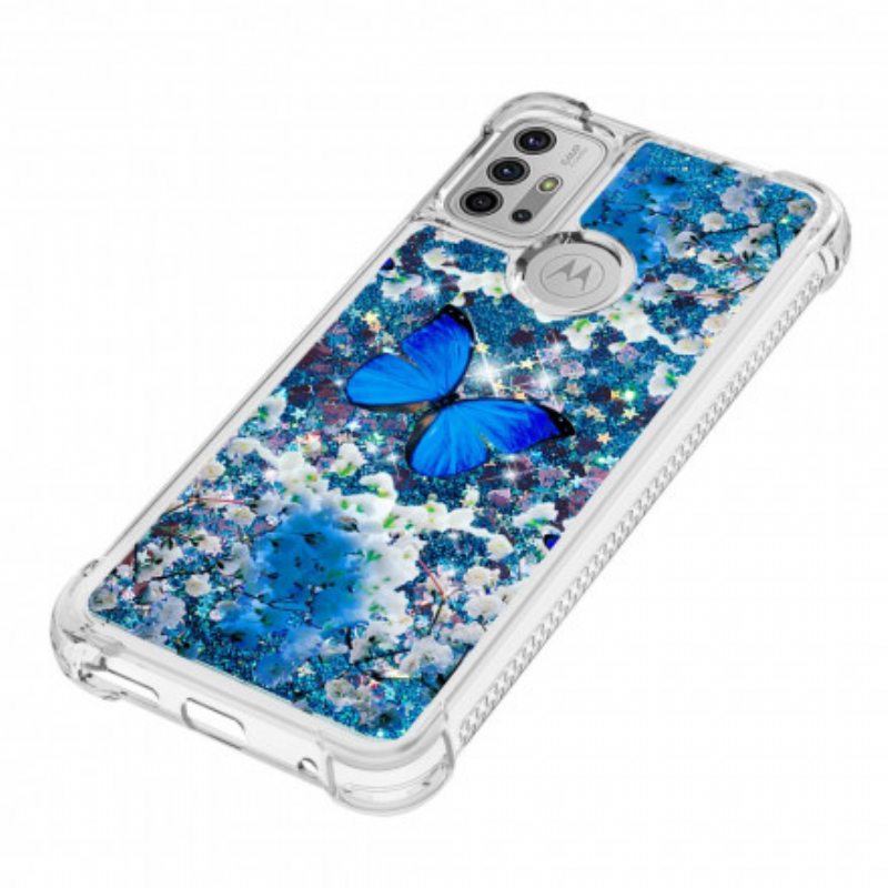 Kuori Moto G30 / G10 Glitter Blue Perhoset