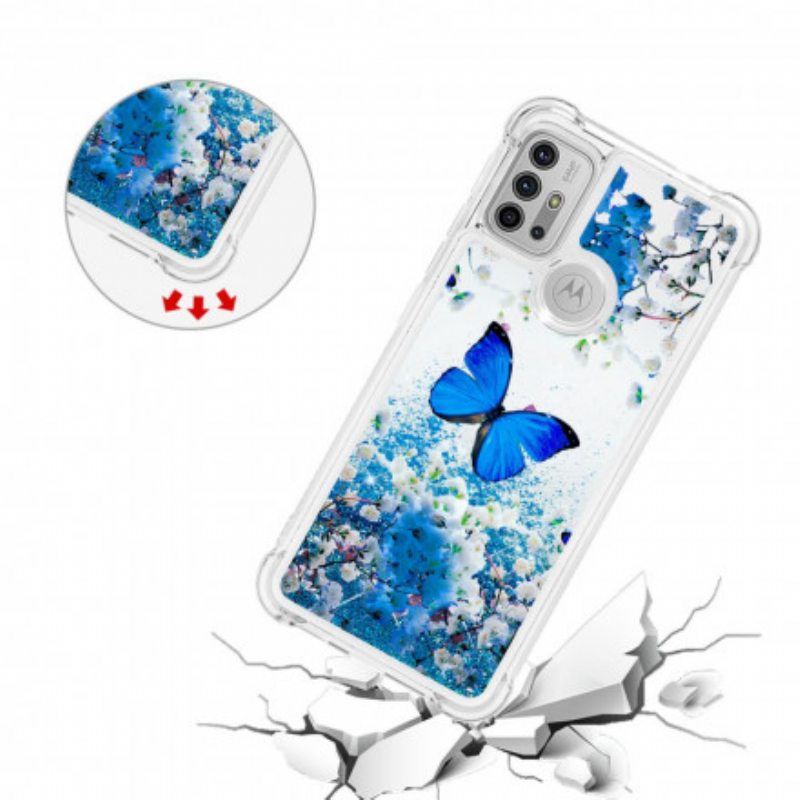 Kuori Moto G30 / G10 Glitter Blue Perhoset