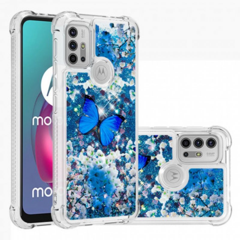 Kuori Moto G30 / G10 Glitter Blue Perhoset