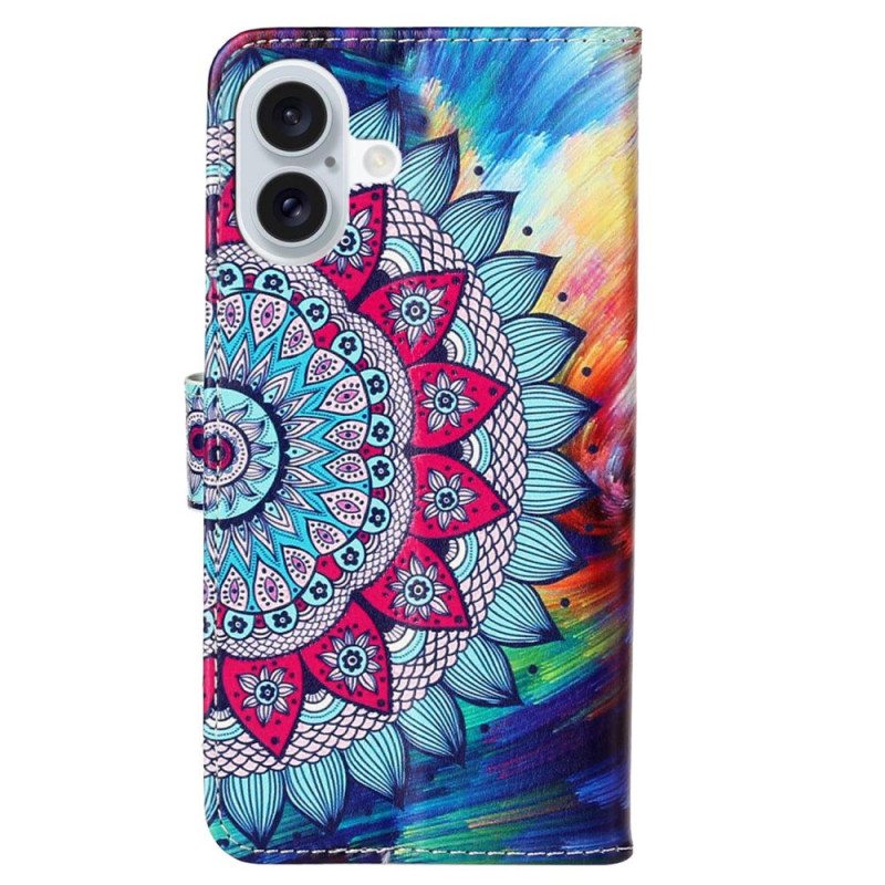 Nahkakotelo iPhone 16 Upea Mandala Hihnalla