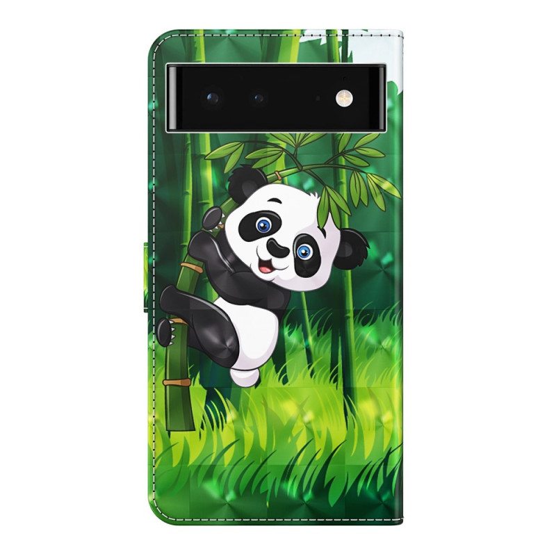 Nahkakotelo Google Pixel 7 Suojaketju Kuori Panda Ja Bambu Kaulanauhalla