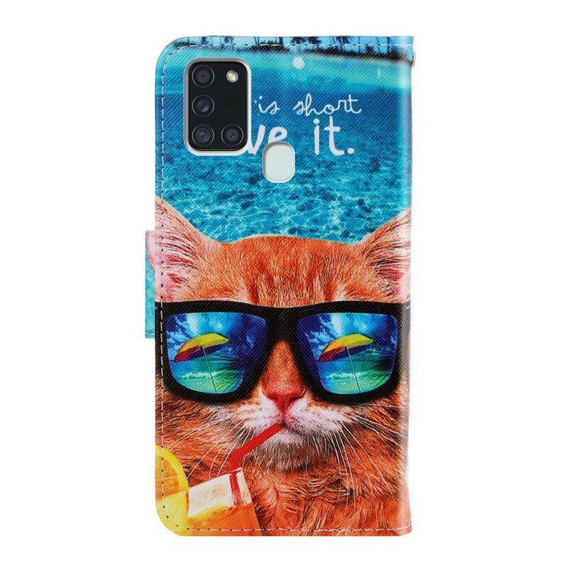 Nahkakotelo Samsung Galaxy A21s Suojaketju Kuori Cat Live It Strappy