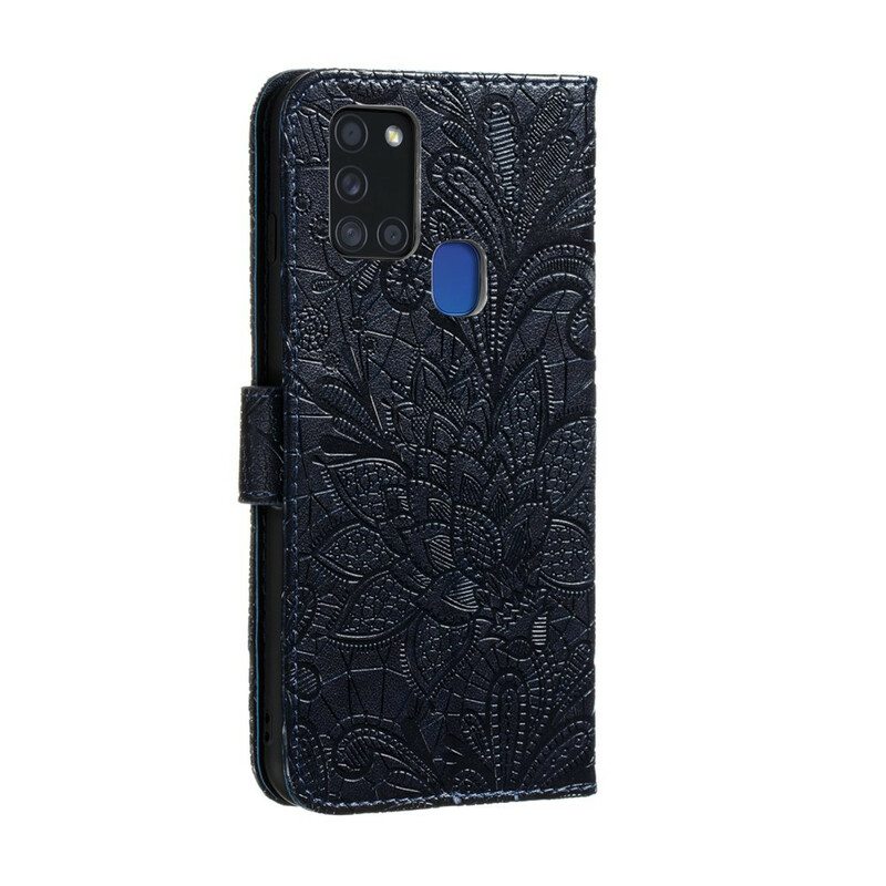 Nahkakotelo Samsung Galaxy A21s Suojaketju Kuori Hihna Tribal Flowers