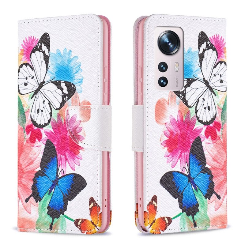 Flip Case Xiaomi 12 / 12X Maalattuja Perhosia Ja Kukkia