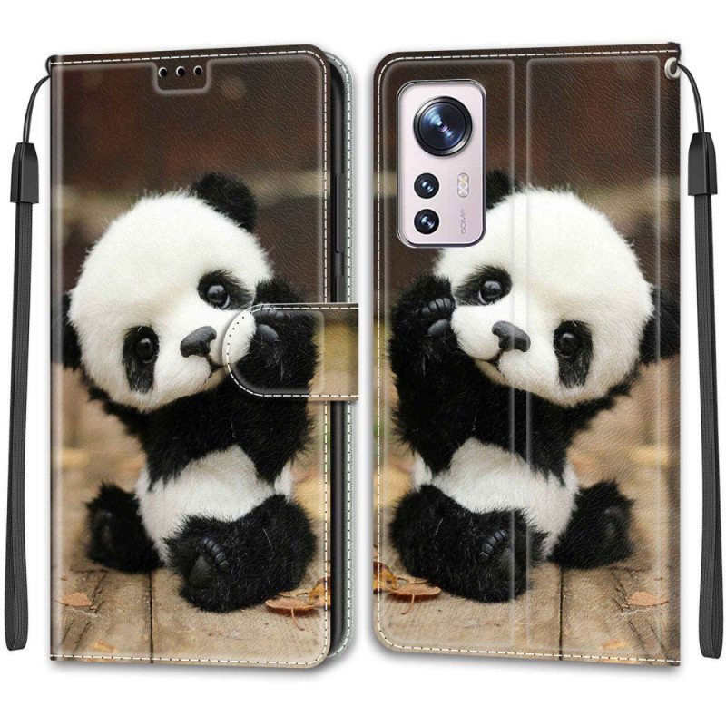 Nahkakotelo Xiaomi 12 / 12X Suojaketju Kuori Pikku Panda Hihnalla