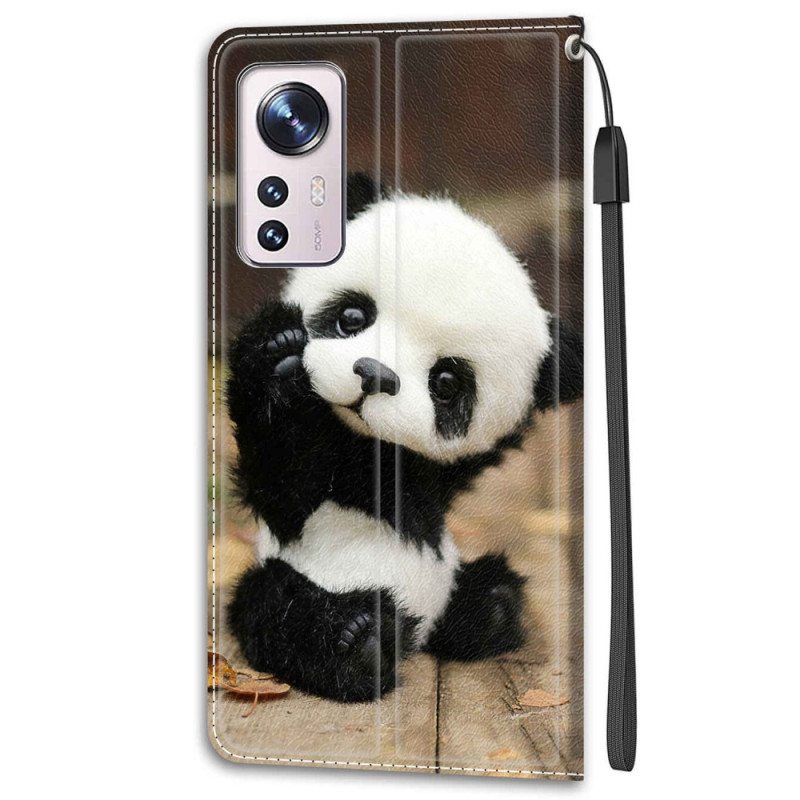 Nahkakotelo Xiaomi 12 / 12X Suojaketju Kuori Pikku Panda Hihnalla