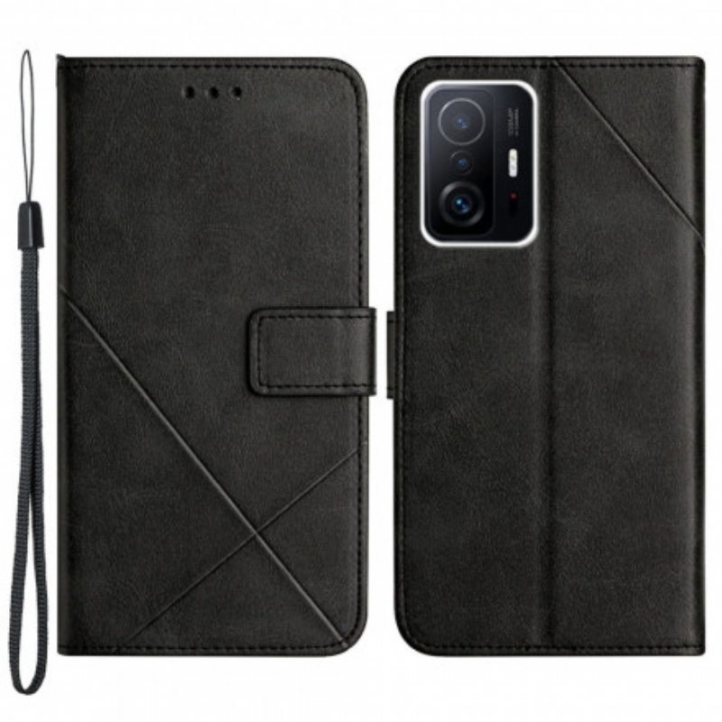 Nahkakotelo Xiaomi 11T / 11T Pro Suojaketju Kuori Strappy Geometric Leather Style