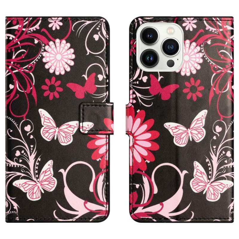 Flip Case iPhone 14 Pro Mustavalkoisia Perhosia