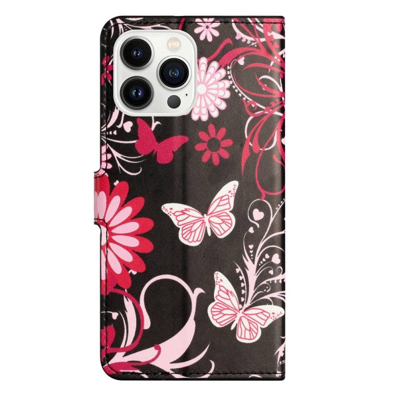 Flip Case iPhone 14 Pro Mustavalkoisia Perhosia