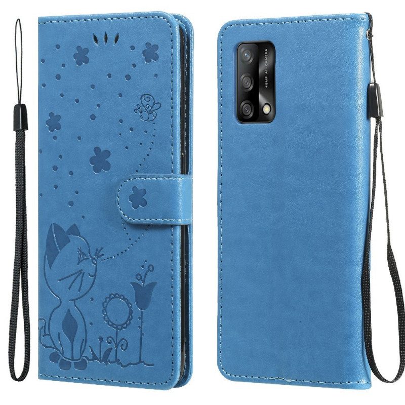 Flip Case Oppo A74 4G Suojaketju Kuori Kissa Ja Mehiläinen Kaulanauhalla