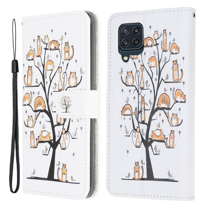 Nahkakotelo Samsung Galaxy M32 Suojaketju Kuori Funky Cats Hihnalla