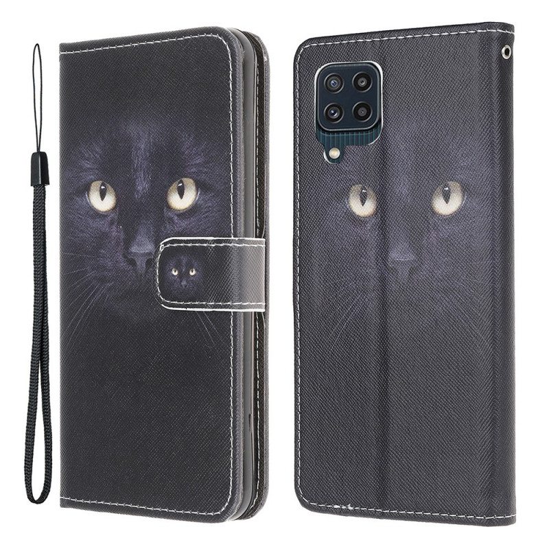 Nahkakotelo Samsung Galaxy M32 Suojaketju Kuori Strappy Black Cat Eyes