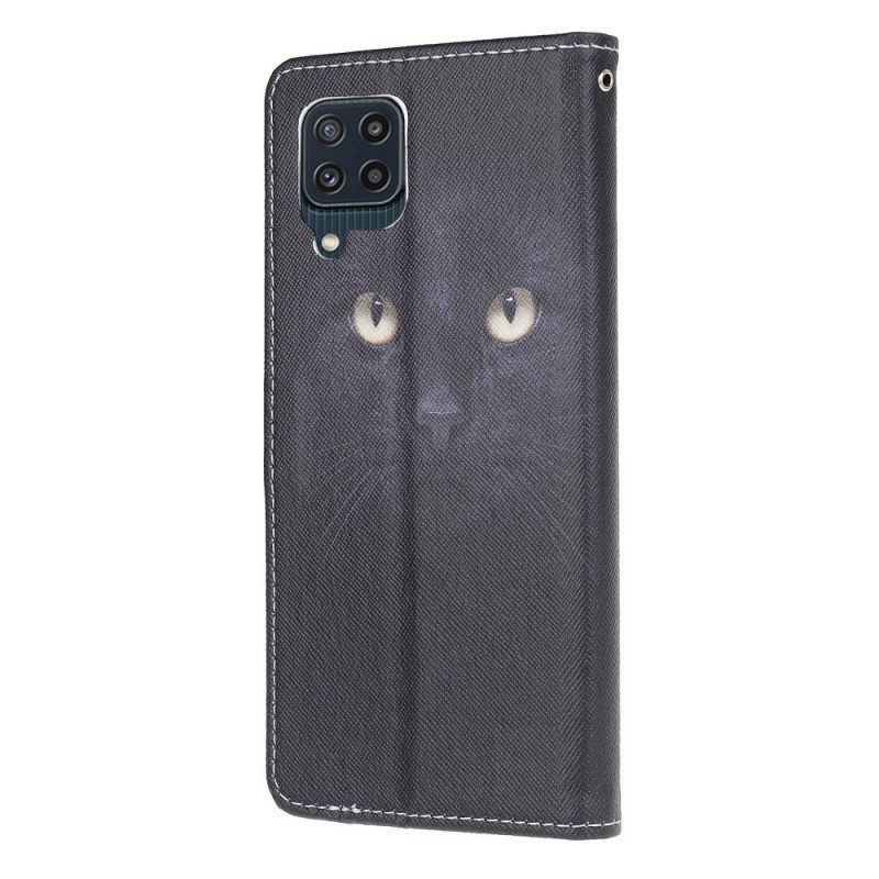 Nahkakotelo Samsung Galaxy M32 Suojaketju Kuori Strappy Black Cat Eyes