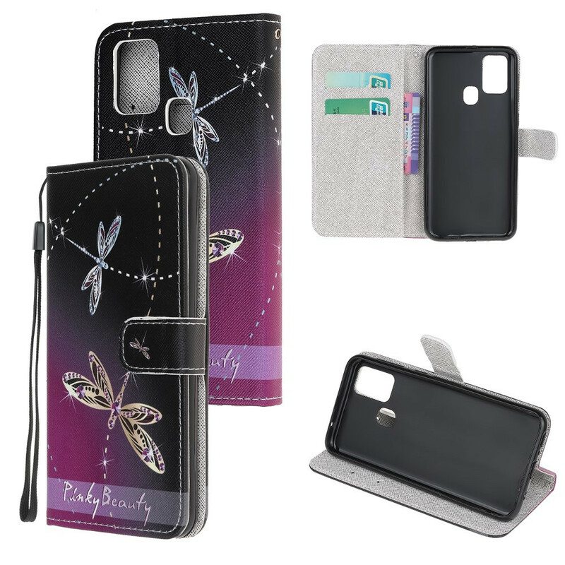 Flip Case Samsung Galaxy M21 Suojaketju Kuori Strappy Dragonflies