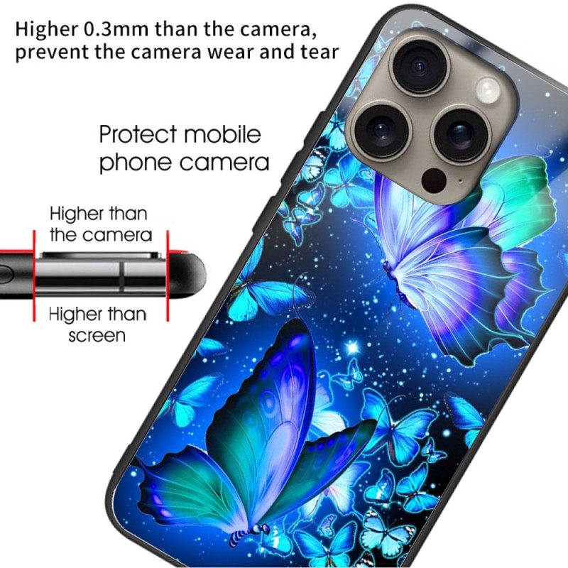 Case iPhone 16 Pro Puhelinkuoret Karkaistu Lasi Siniset Perhoset