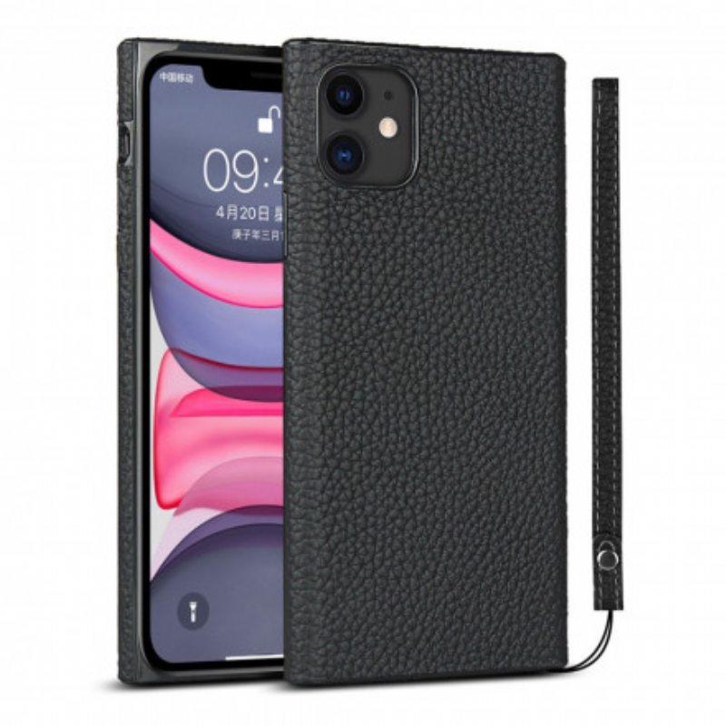 Case iPhone 11 Aitoa Litsi-nahkaa Hihnalla